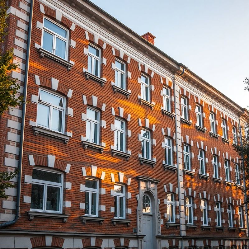 Elewacja kamienicy z początku XX wieku w Bydgoszczy w złotym świetle